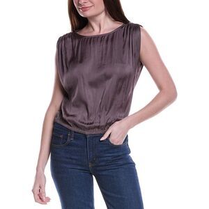 Nic+Zoe Womens  Glossy Sheen Ruched Shoulder Woven Top, Brown